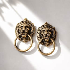 May include: Two antique brass-toned metal door knockers, each featuring a detailed lion head design with a prominent mane and a circular ring held in the lion's mouth. The finish has a weathered, textured appearance with dark highlights.