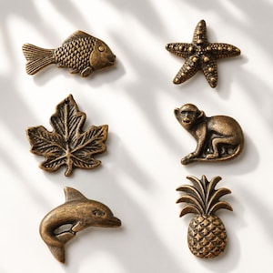 May include: A collection of six bronze-toned metal decorative ornaments featuring a fish, a starfish, a maple leaf, a monkey, a dolphin, and a pineapple. Each piece displays detailed textures and a metallic finish, arranged in two vertical columns.