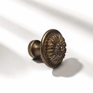 May include: A round cabinet knob with an antique brass finish, featuring a raised, textured floral petal design on the front face and a smooth, cylindrical base that extends outward from the centre of the decorative circular head.