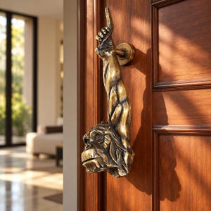 May include: A brass-colored door knocker featuring a sculpted primate head at the base with an elongated arm extending upward, ending in a hand with an index finger pointing straight up, mounted on a dark brown wooden door with paneling.