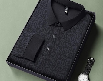 Herren-Poloshirt mit langen Ärmeln, lässiges Poloshirt mit Print, Hemd im koreanischen Stil, Streetwear-Hemd für Herren, Geschenk für ihn