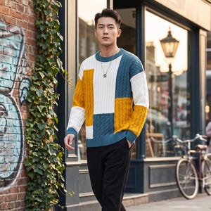 Mens Patchwork Sweater, Knit Sweater, Casual Winter Pullover, Warm Crew Neck Sweater, Streetwear, Fall Sweater for Men, Gift for Him