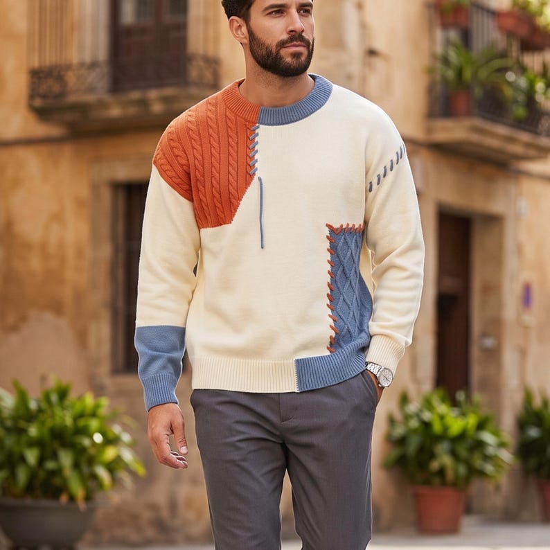 Mens Patchwork Sweater, Knit Pullover Sweater, Winter Sweater Men, Streetwear Sweater, Warm Knitwear, Casual Fall Sweater, Gift for Him