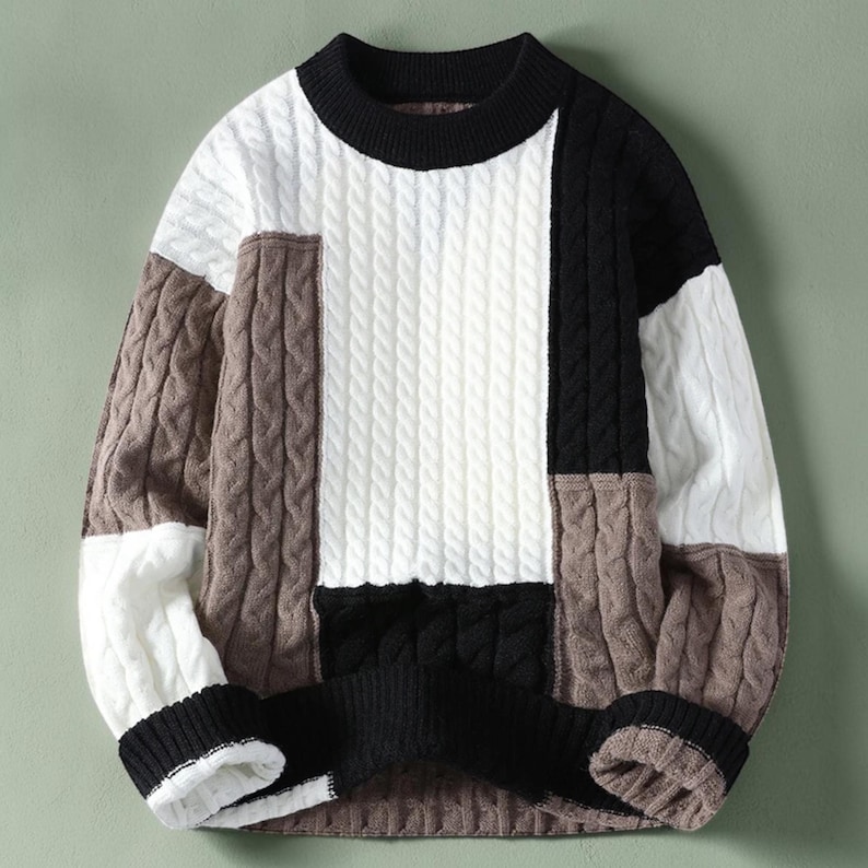 Mens Patchwork Sweater, Knit Sweater, Casual Winter Pullover, Warm Crew Neck Sweater, Streetwear, Fall Sweater for Men, Gift for Him