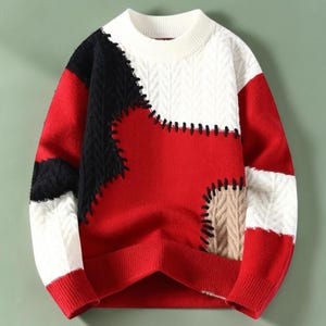 Mens Patchwork Sweater, Knit Sweater, Warm Winter Pullover, Casual Crew Neck Sweater, Fall Sweater for Men, Gift for Him