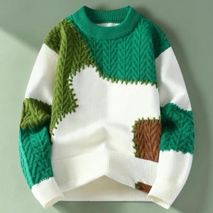 Mens Patchwork Sweater, Knit Sweater, Warm Winter Pullover, Casual Crew Neck Sweater, Fall Sweater for Men, Gift for Him