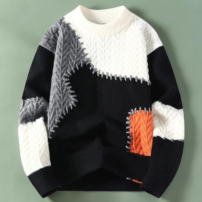 Mens Patchwork Sweater, Knit Sweater, Warm Winter Pullover, Casual Crew Neck Sweater, Fall Sweater for Men, Gift for Him