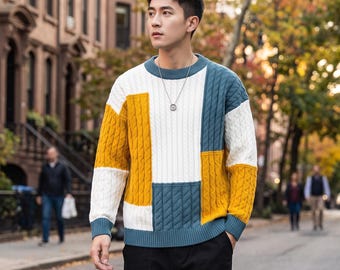 Herren-Patchworkpullover, Strickpullover, lässiger Winterpullover, warmer Rundhalspullover, Streetwear, Herbstpullover für Herren, Geschenkidee für ihn