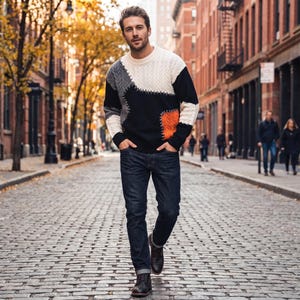 Mens Patchwork Sweater, Knit Sweater, Warm Winter Pullover, Casual Crew Neck Sweater, Fall Sweater for Men, Gift for Him