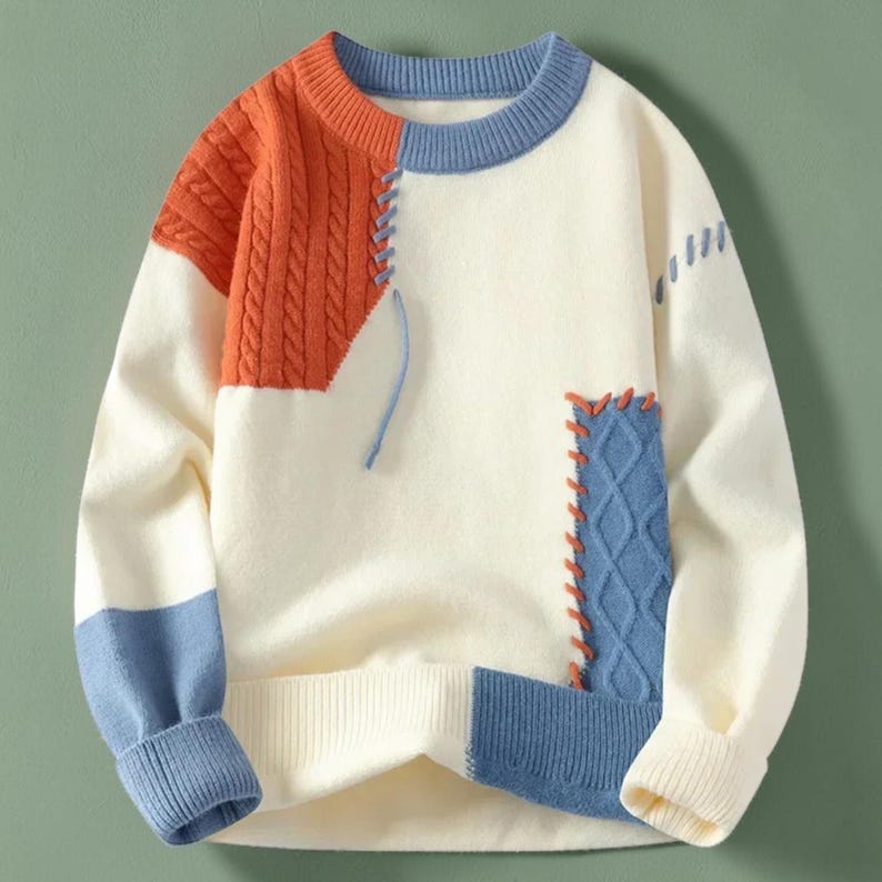 Mens Patchwork Sweater, Knit Pullover Sweater, Winter Sweater Men, Streetwear Sweater, Warm Knitwear, Casual Fall Sweater, Gift for Him