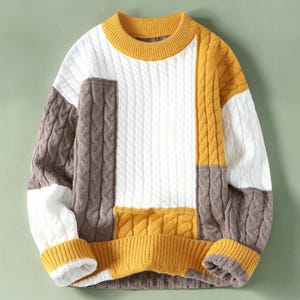 Mens Patchwork Sweater, Knit Sweater, Casual Winter Pullover, Warm Crew Neck Sweater, Streetwear, Fall Sweater for Men, Gift for Him