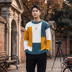 Mens Patchwork Sweater, Knit Sweater, Casual Winter Pullover, Warm Crew Neck Sweater, Streetwear, Fall Sweater for Men, Gift for Him