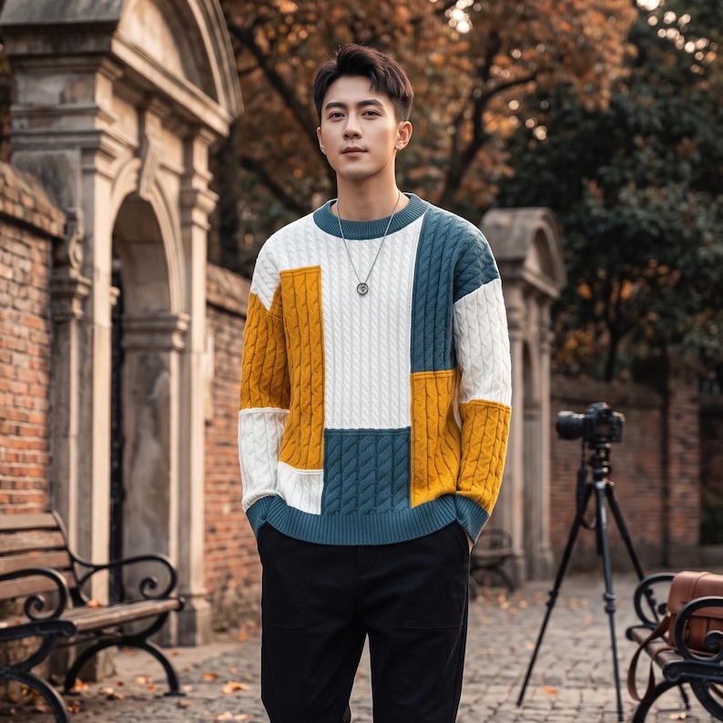 Mens Patchwork Sweater, Knit Sweater, Casual Winter Pullover, Warm Crew Neck Sweater, Streetwear, Fall Sweater for Men, Gift for Him