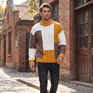 Mens Patchwork Sweater, Knit Sweater, Casual Winter Pullover, Warm Crew Neck Sweater, Streetwear, Fall Sweater for Men, Gift for Him