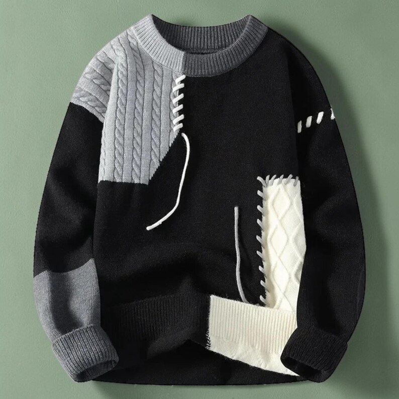 Mens Patchwork Sweater, Knit Pullover Sweater, Winter Sweater Men, Streetwear Sweater, Warm Knitwear, Casual Fall Sweater, Gift for Him