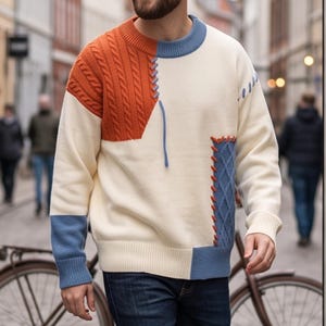 Mens Patchwork Sweater, Knit Pullover Sweater, Winter Sweater Men, Streetwear Sweater, Warm Knitwear, Casual Fall Sweater, Gift for Him
