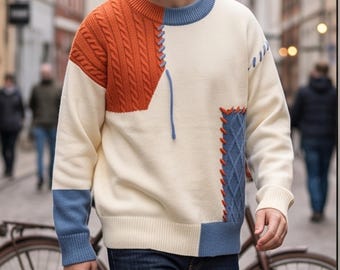 Herren-Patchworkpullover, Strickpullover, Winterpullover für Herren, Streetwear-Pullover, warme Strickware, lässiger Herbstpullover, Geschenk für ihn