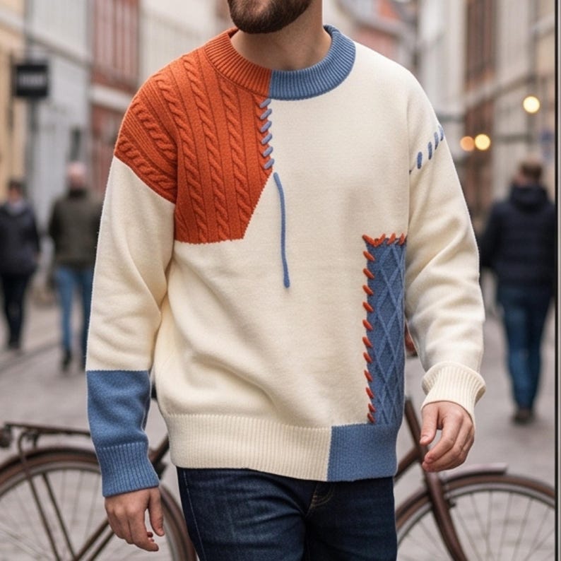 Mens Patchwork Sweater, Knit Pullover Sweater, Winter Sweater Men, Streetwear Sweater, Warm Knitwear, Casual Fall Sweater, Gift for Him
