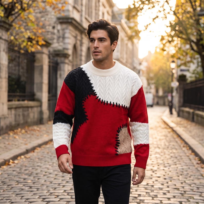 Mens Patchwork Sweater, Knit Sweater, Warm Winter Pullover, Casual Crew Neck Sweater, Fall Sweater for Men, Gift for Him