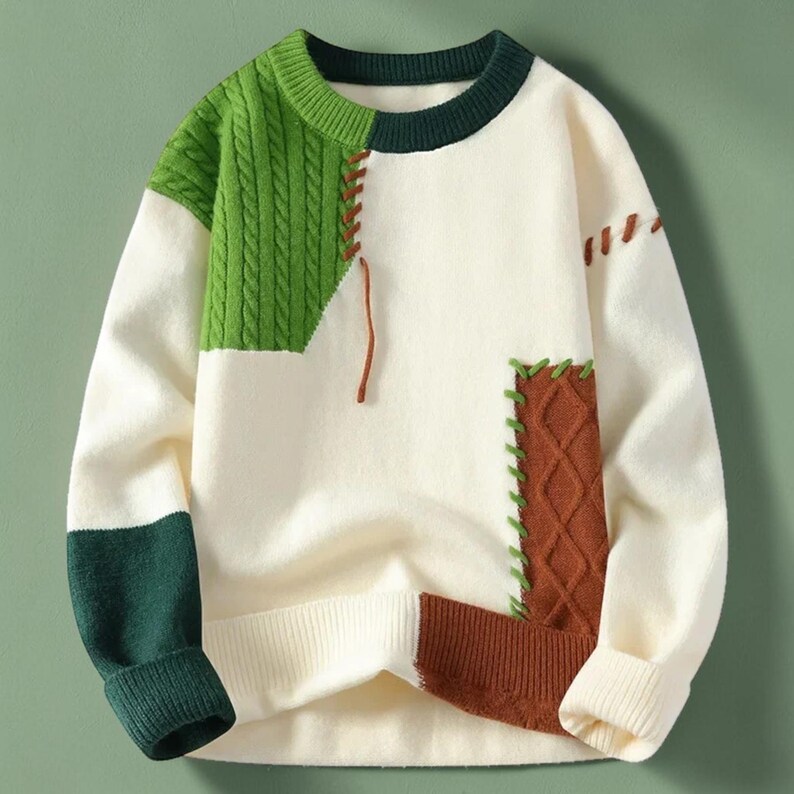 Mens Patchwork Sweater, Knit Pullover Sweater, Winter Sweater Men, Streetwear Sweater, Warm Knitwear, Casual Fall Sweater, Gift for Him