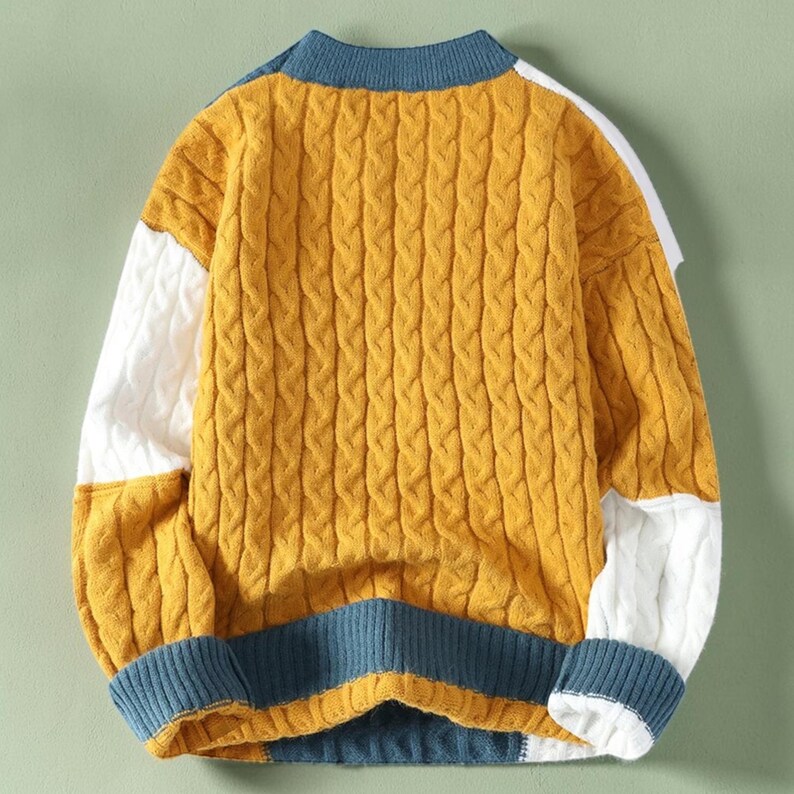 Mens Patchwork Sweater, Knit Sweater, Casual Winter Pullover, Warm Crew Neck Sweater, Streetwear, Fall Sweater for Men, Gift for Him