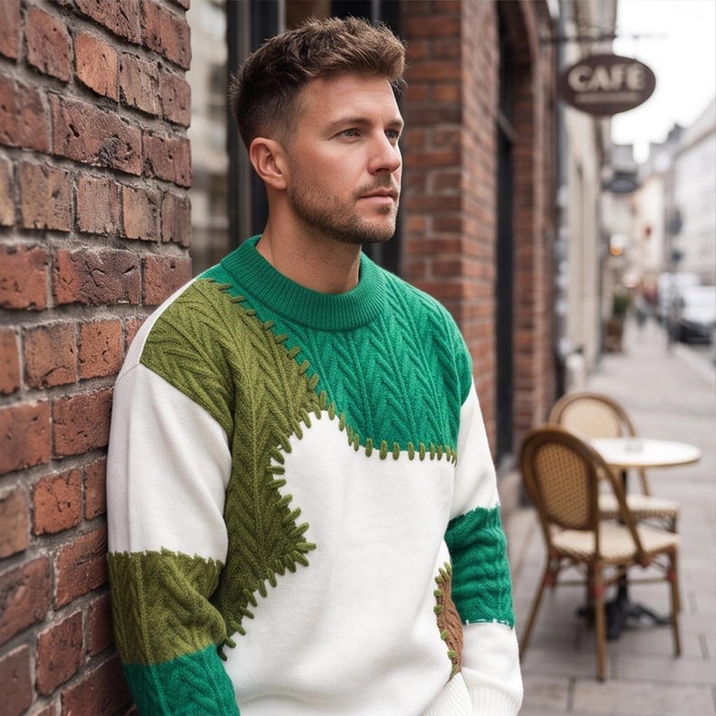 Mens Patchwork Sweater, Knit Sweater, Warm Winter Pullover, Casual Crew Neck Sweater, Fall Sweater for Men, Gift for Him
