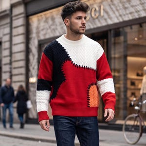 Mens Patchwork Sweater, Knit Sweater, Warm Winter Pullover, Casual Crew Neck Sweater, Fall Sweater for Men, Gift for Him