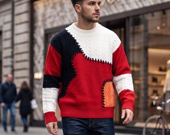 Męski sweter patchworkowy, sweter dzianinowy, ciepły zimowy sweter, swobodny sweter z okrągłym dekoltem, jesienny sweter męski, prezent dla niego