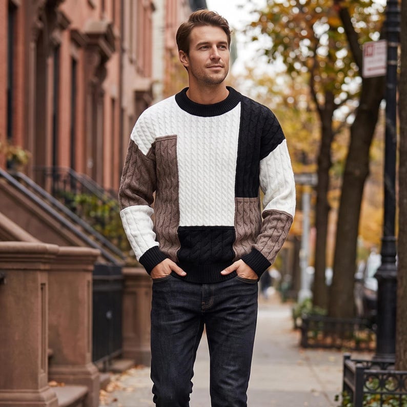Mens Patchwork Sweater, Knit Sweater, Casual Winter Pullover, Warm Crew Neck Sweater, Streetwear, Fall Sweater for Men, Gift for Him