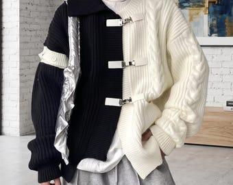 Strickjacke, Unisex-Strickjacke mit Knopfleiste, Streetwear-Strickpullover mit Patchwork-Details, Oversize-Strickmode für den Herbst, originelle Geschenkidee