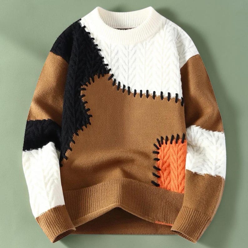 Mens Patchwork Sweater, Knit Sweater, Warm Winter Pullover, Casual Crew Neck Sweater, Fall Sweater for Men, Gift for Him