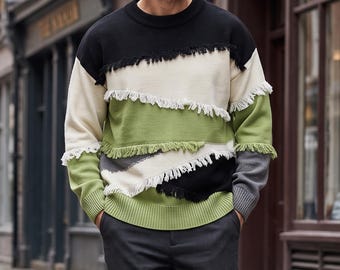 Męski sweter z frędzlami, sweter vintage z dzianiny, sweter patchworkowy męski, sweter retro, przytulny sweter na jesień i zimę, prezent dla niego