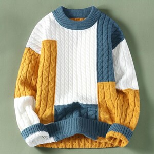 Mens Patchwork Sweater, Knit Sweater, Casual Winter Pullover, Warm Crew Neck Sweater, Streetwear, Fall Sweater for Men, Gift for Him