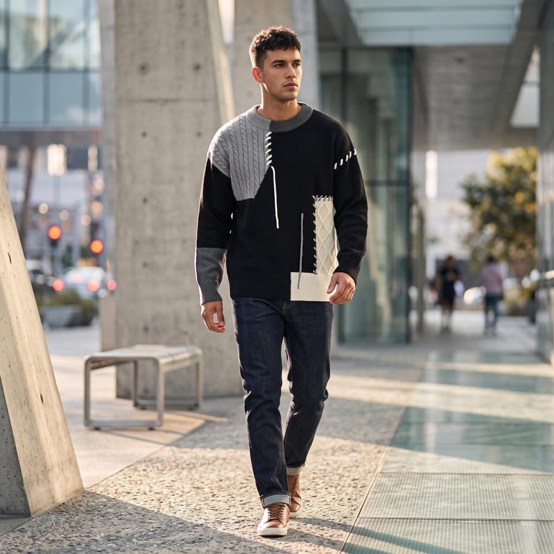 Mens Patchwork Sweater, Knit Pullover Sweater, Winter Sweater Men, Streetwear Sweater, Warm Knitwear, Casual Fall Sweater, Gift for Him