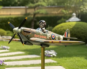 Iron Maiden Eddie Spitfire Windmühle Garten Spinner, Militärflugzeug Windmühle Hof Gartendekoration, 2D Metallflugzeug Garten