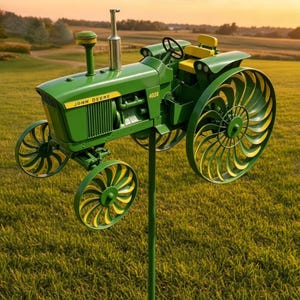 Op de afbeelding: Een groene John Deere tractor windmolen met gele accenten. De tractor heeft het "John Deere" logo en het nummer "4020". De wielen hebben een uniek spiraalontwerp met gele en groene bladen. De tractor is gemonteerd op een groene paal in een grasveld.