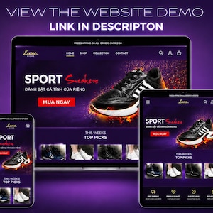 May include: A laptop, tablet, and smartphone displaying a website for Luxe Kicks featuring black and white sport sneakers with flame graphics, the text SPORT Sneakers, MUA NGAY, and THIS WEEK'S TOP PICKS on a dark purple background.