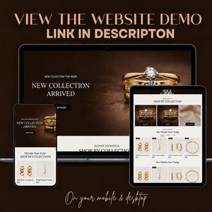May include: A laptop, tablet, and smartphone displaying a jewelry website with the text VIEW THE WEBSITE DEMO LINK IN DESCRIPTON. The screens show a new collection of gold rings, necklaces, and earrings with prices in British pounds.