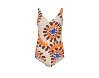 Optical Print Vintage Swimsuit – 70s Style Bodysuit, Size Medium