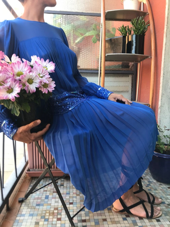 Vintage Silk Chiffon Dress - Pleated Embroidery, Size Medium