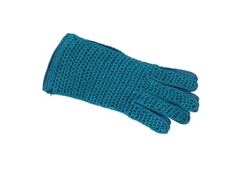 Vintage Turquoise Crochet Lace Gloves – Leather Palm, Made in Italy