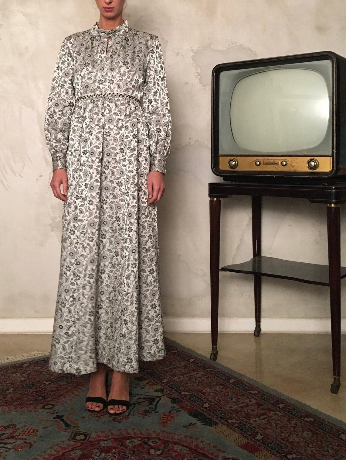 Women Autumn Vintage V-Neck Draped Jacquard Maxi Dress