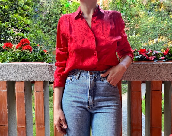 Vintage Red Silk Shirt - 80's Vintage Woman's Shir
