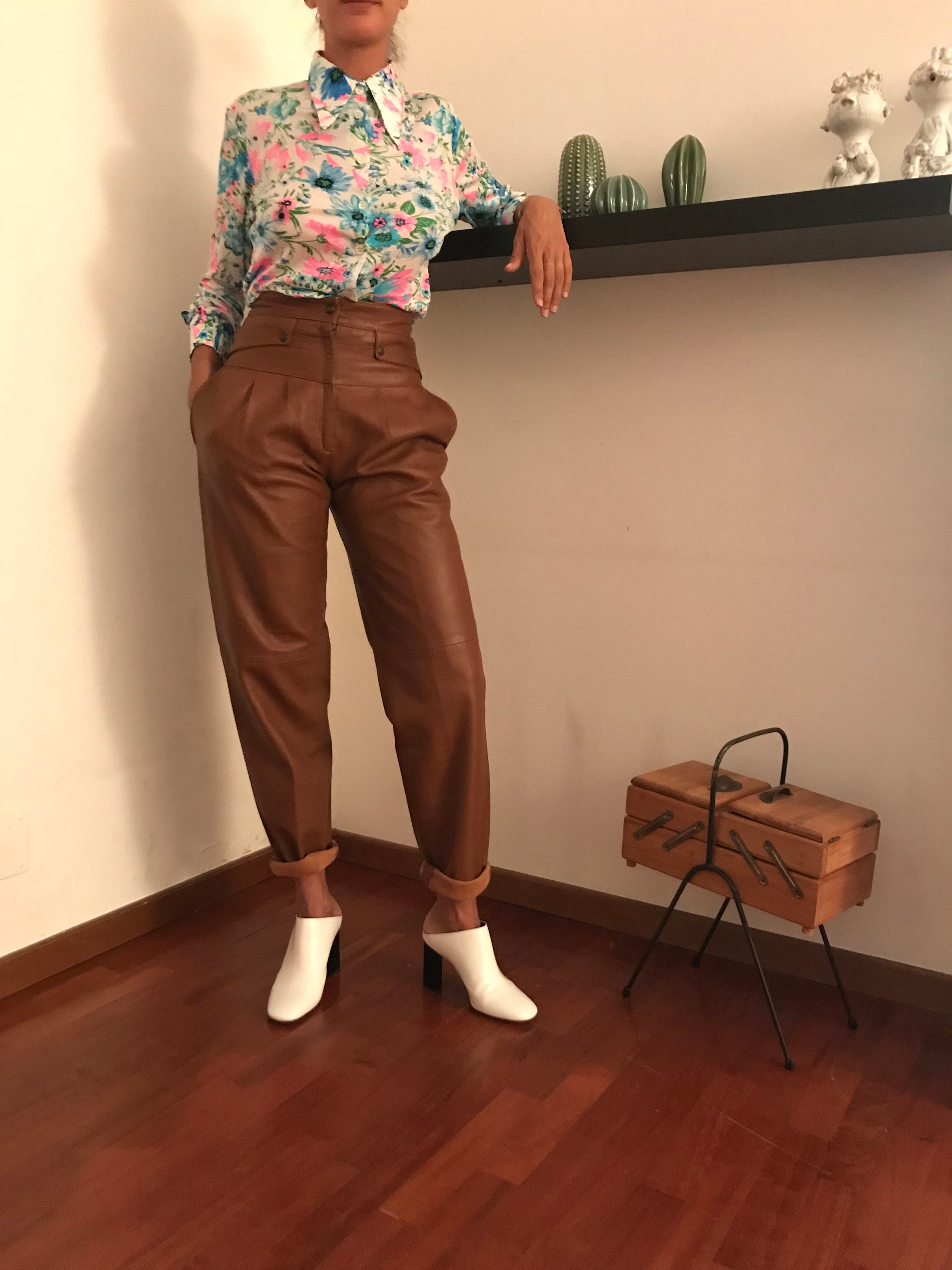 Genuine Leather Pants Vintage 80's - Leather Trousers for Her - Woman Brown High-Waist Pants