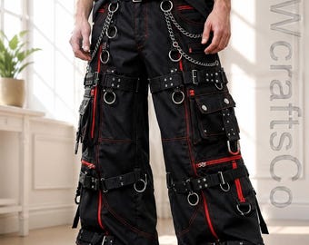 Handgjorda gotiska ravebyxor, bomullsdenimmaterial, svartröd färg, cyberpunk-stil