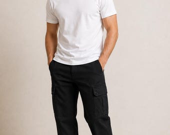 Spodnie cargo, bawełniane, czarne, luźne, casualowe, męskie, w stylu streetwear