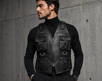 Gilet utility in pelle nera fatto a mano con tasche cargo – Moda tattica da motociclista