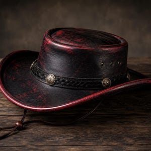 May include: A black cowboy hat with a distressed red finish on the edges and crown. The hat features a black braided leather band adorned with silver-toned metal concho accents, three ventilation eyelets on the side, and a thin brown chin cord.