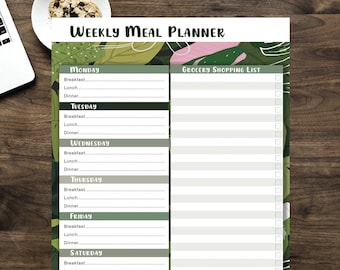 Wekelijkse maaltijdplanner met boodschappenlijstje. Direct downloaden, zelf afdrukken thuis. Green Fern Design, ontbijt, lunch en diner
