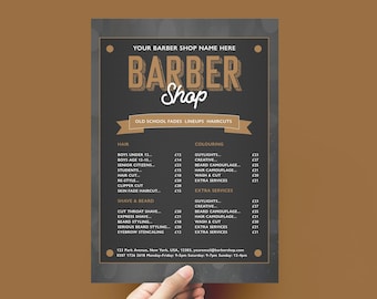 PhotoShop + MS Word Designer Zelf afdrukken Artwork Barber Shop Prijslijstsjabloon INSTANT Digitale download + Contactgegevens/ Openingstijden
